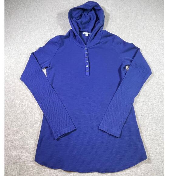 James Perse Women’s Size 8 Blue Long Sleeve Half-Button Hooded Shirt Premium - Picture 1 of 7